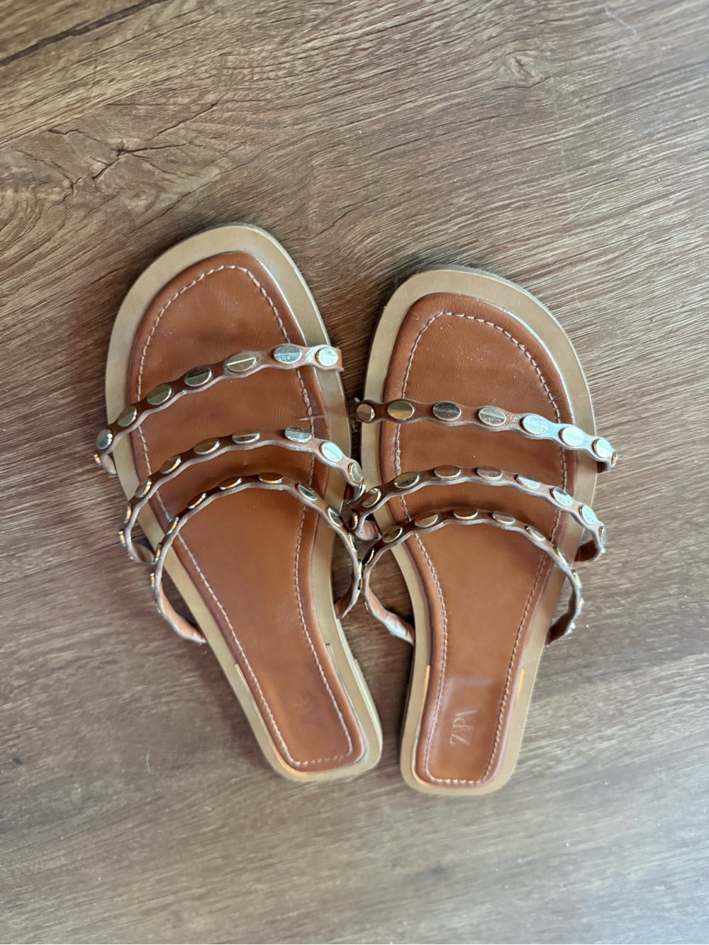Zara Tan/Brown Triple-Strap Slide Sandals with Gold Accents